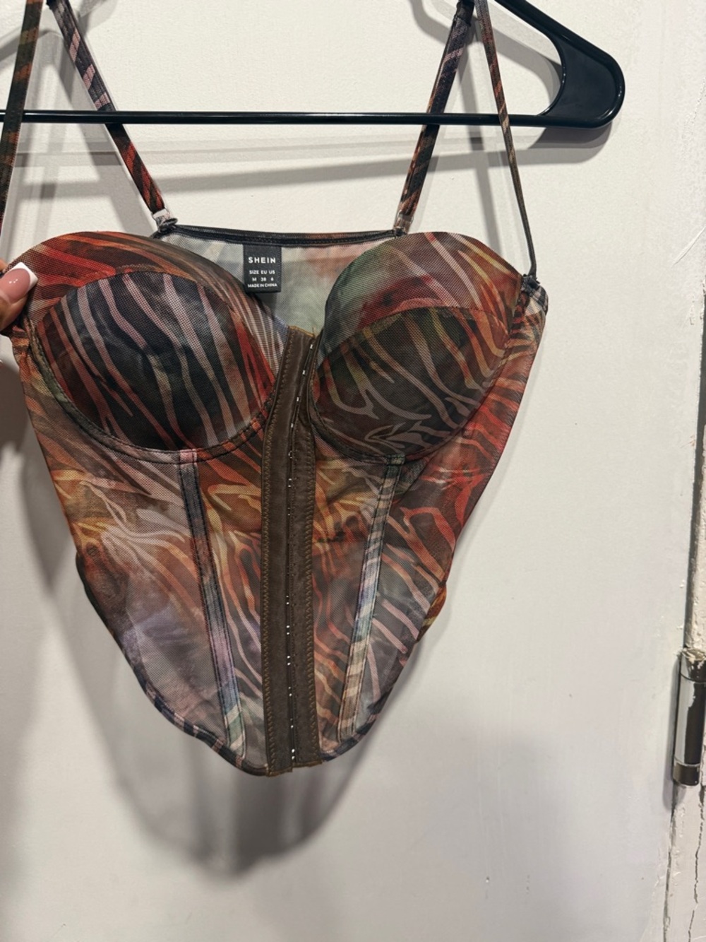 SHEIN Brown Multicolor Zebra-Print Mesh Bustier